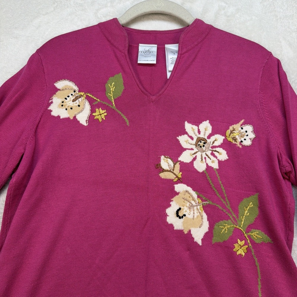 Emma James Sweater Women's PM Pink Floral Embroidered V Neck 3/4 Sleeve Knit